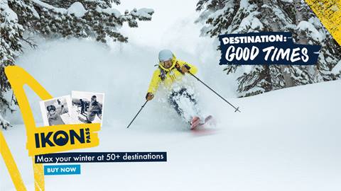 Skier going through powder. Copy reads: Destination: Good Times. Max your winter at 50+ destinations. CTA: Buy Now